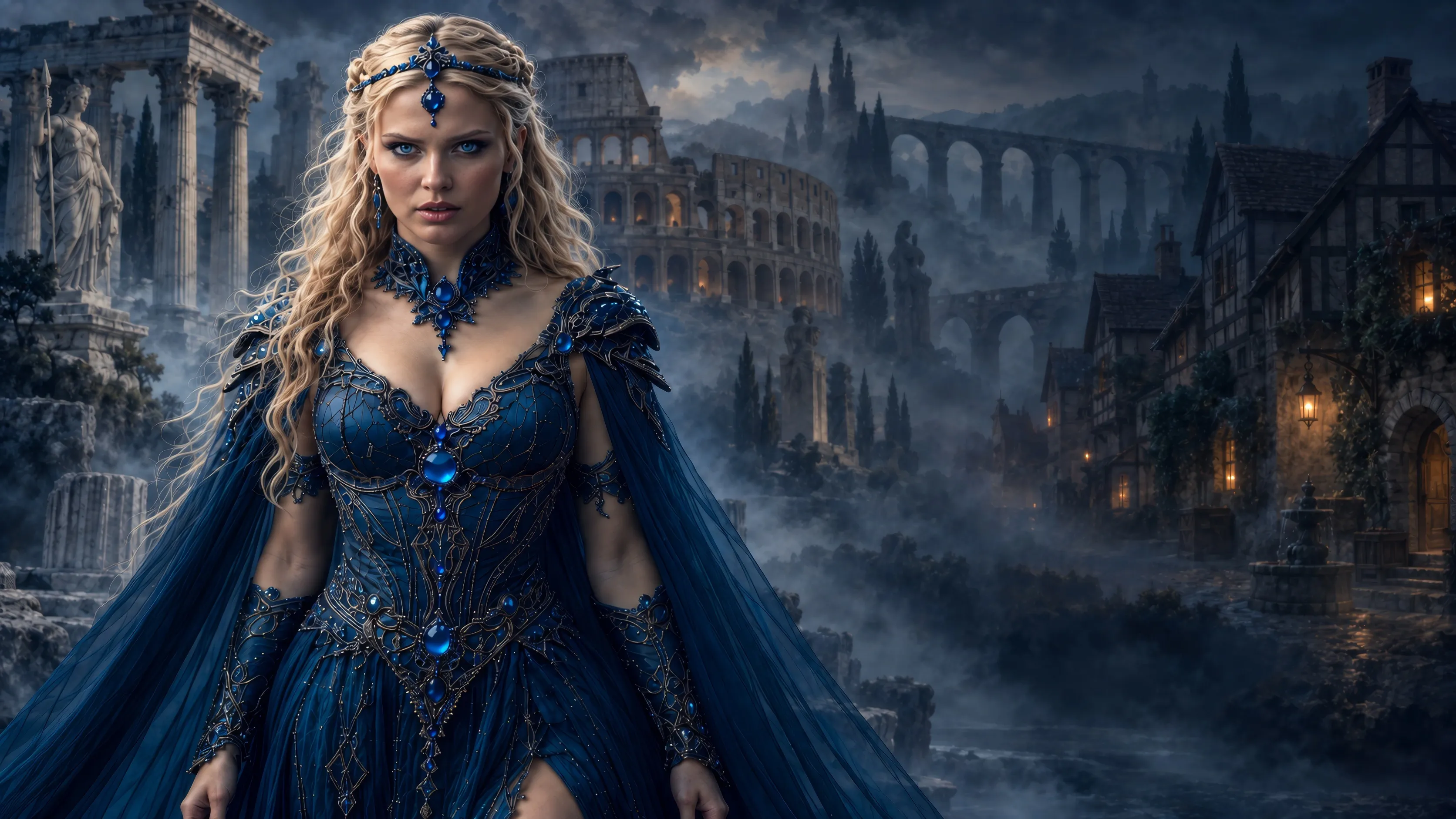 Kallista standing before faint reflections of Ancient Greece, Rome, and a Medieval village