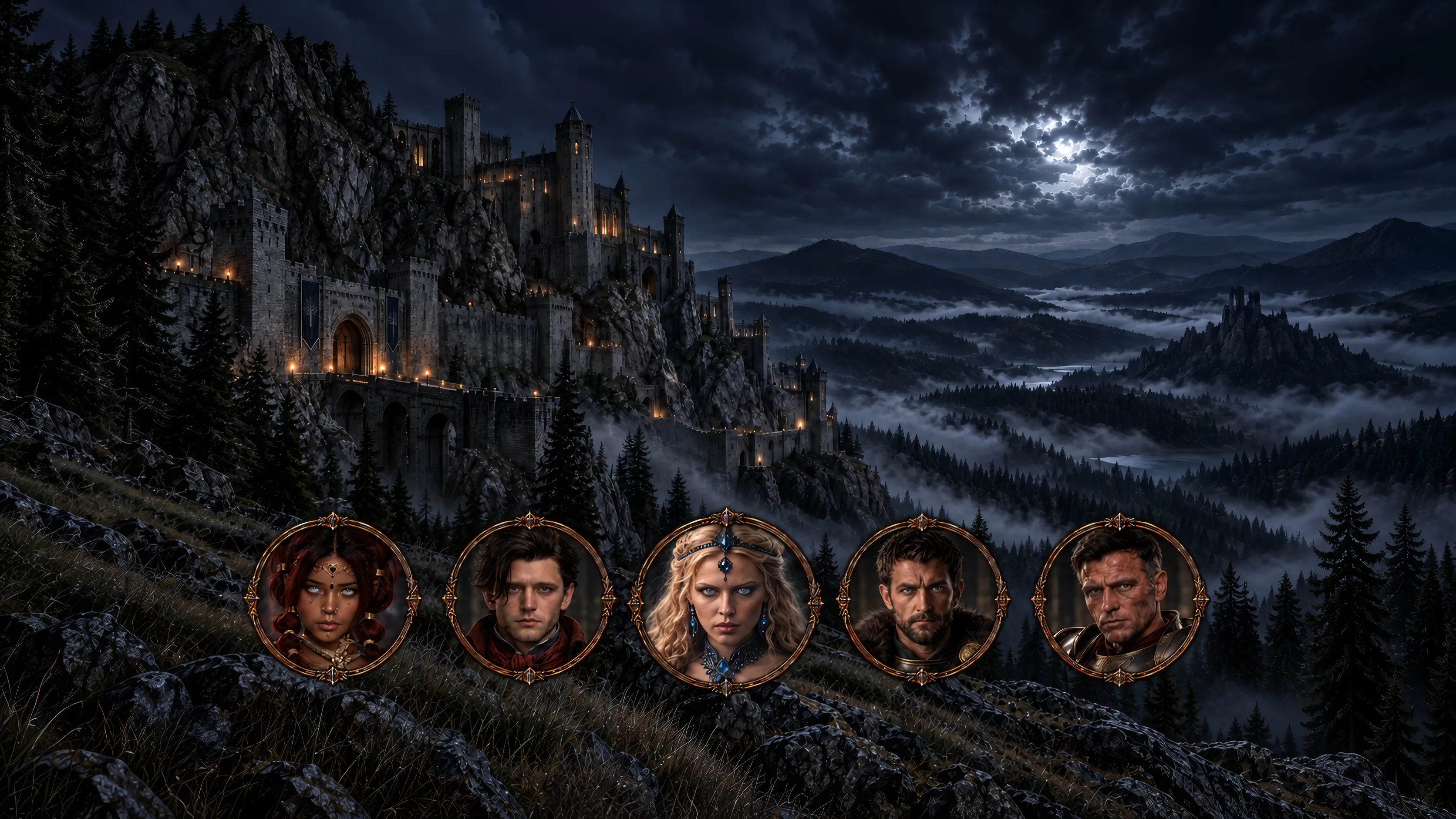 A castle above a misty forest with five character portraits from The Legends of the Cursed
