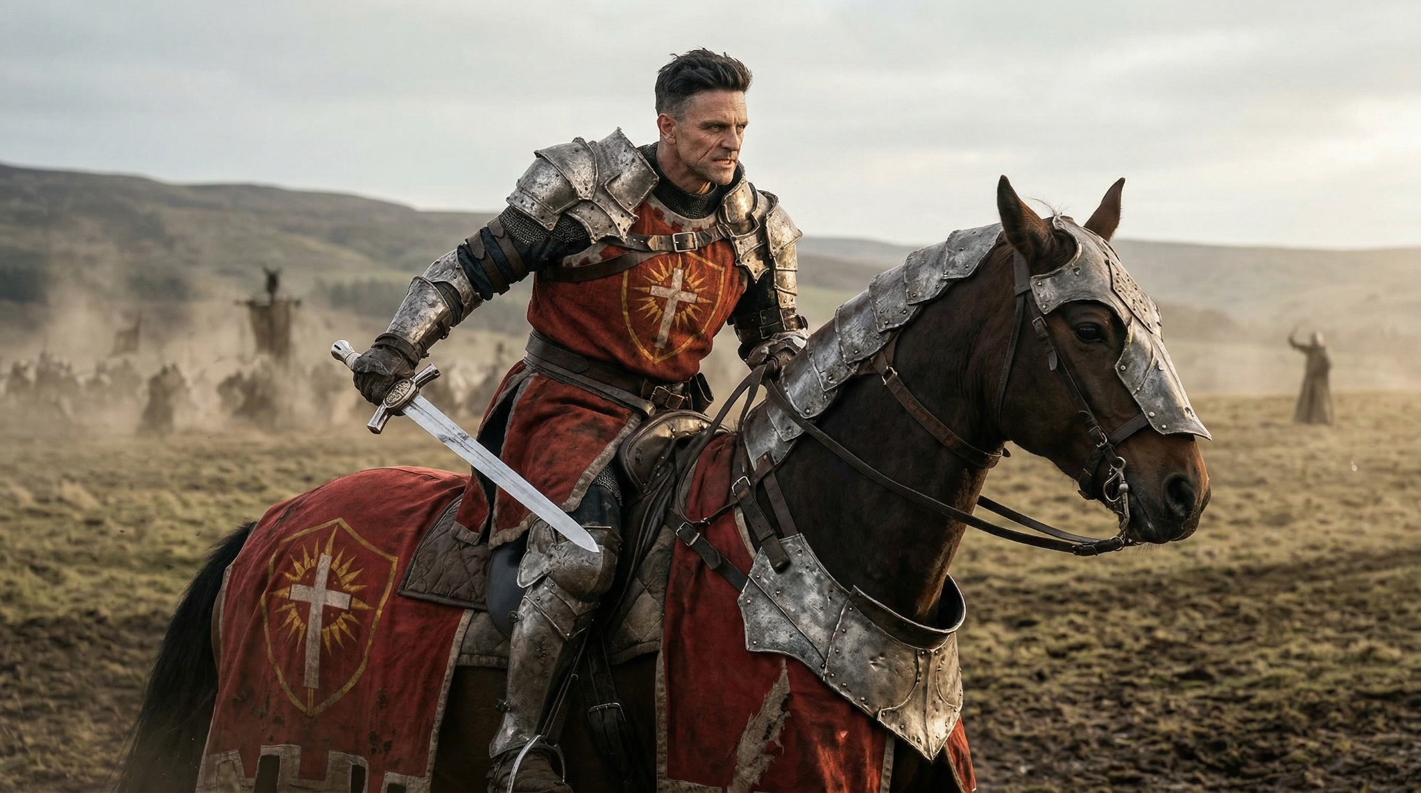 Sir Jonas Alliester rides an armored horse across a battlefield