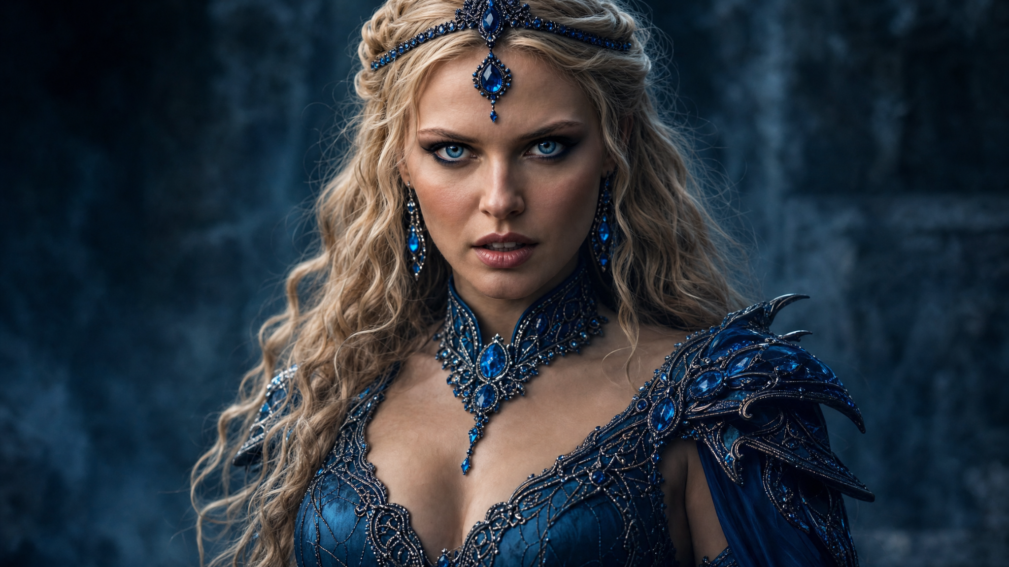 Close portrait of Kallista in blue jeweled armor